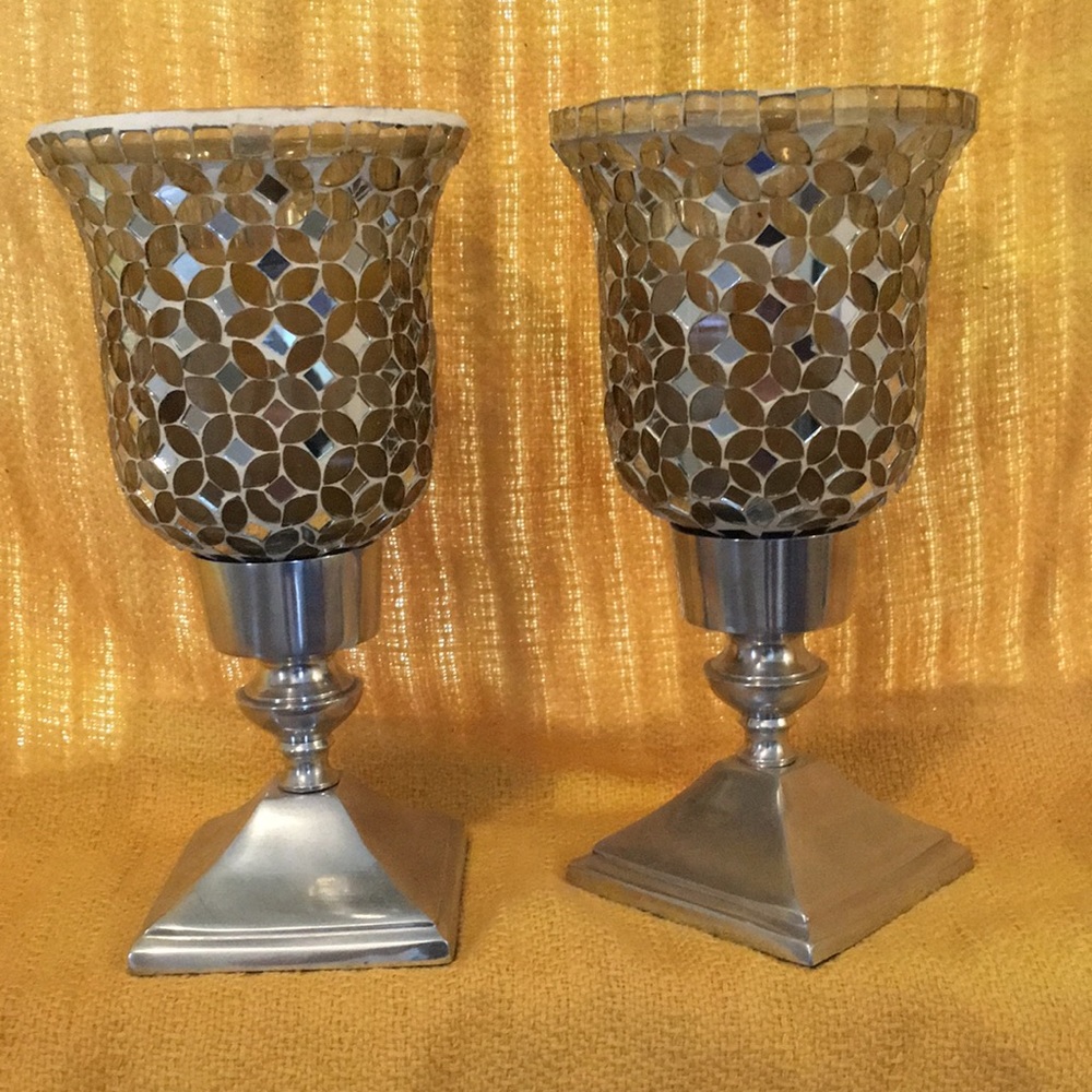 2/$10 Mosaic candle holders glass/mirror/silver